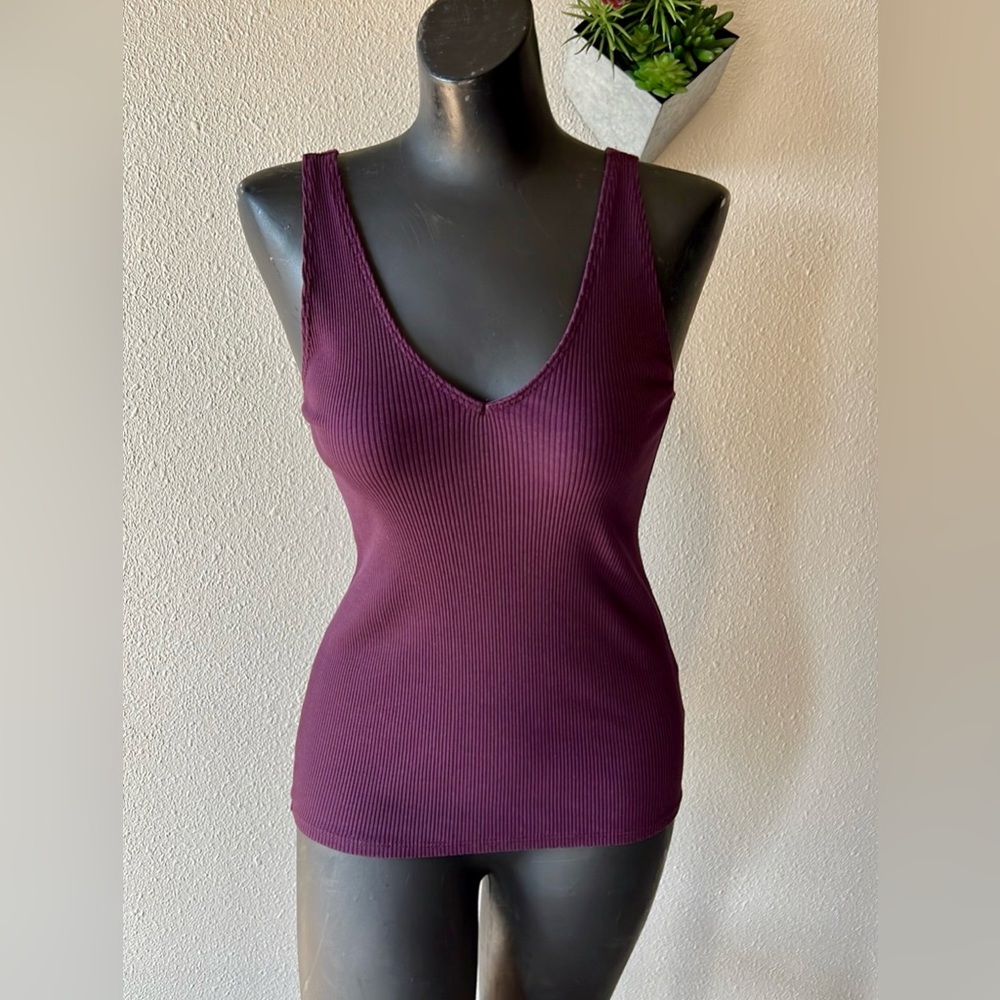 Express One Eleven XS Dark Purple Plunge Ribbed Tank Top Slim Fit